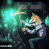 a cartoon of a man with a fox head holding a pickaxe