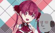 a girl with red hair is wearing headphones and has a face in the background