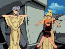 a group of anime characters are standing in front of a building