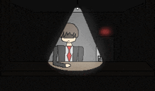a pixel art drawing of a man in a suit and tie sitting at a table