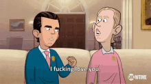 a cartoon of a man and a woman with the words i fucking love you on the bottom
