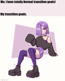 a drawing of a girl with purple hair sitting on a purple background .