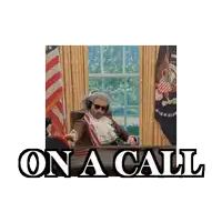 a man sitting at a desk talking on a phone with the words " on a call " below him
