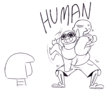 a black and white drawing of a person holding another person and the word human written above them .