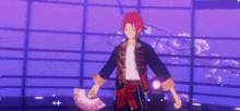 a man with red hair is holding a fan in his hand .