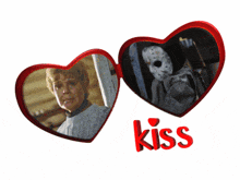 two red hearts with a picture of jason voorhees and the word kiss below