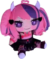 a stuffed doll with pink and purple hair and horns has the letter s on her head