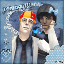 a picture of a man with a red and yellow hat and a woman with a blue bow and the words tomney !!!