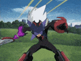 a cartoon character is holding a sword with the letter s on it