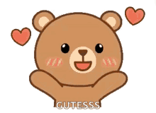 a cartoon teddy bear with hearts around it and the words `` gutess '' written below it .