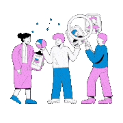a group of people are standing next to each other looking at a picture of a person .