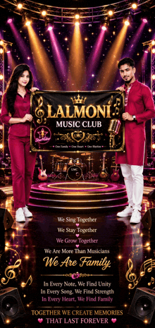 a man and a woman holding a lalmoni music club banner on a stage