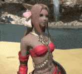 a woman with pink hair is standing on a beach near a waterfall