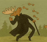 a moose in a trench coat is holding a cane and throwing keys in the air