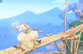 a person is standing on a wooden bridge in a video game with a explosion coming out of it .