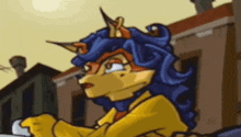 a cartoon character with blue hair and horns is riding a bike