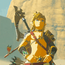a video game character is holding a spear and a feathered arrow