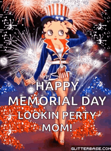 betty boop is saluting in front of fireworks and says happy memorial day lookin ' pretty mom