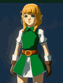 a girl with blonde hair is wearing a green dress with a brown belt