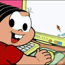 a cartoon character is sitting in front of a computer and smiling .