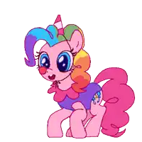 a pixel art drawing of a pink pony wearing a clown outfit