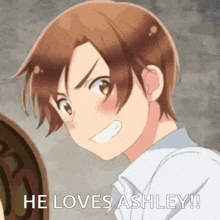 a boy with brown hair is smiling and saying he loves ashley