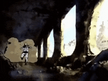 a cartoon of a man running through a cave with smoke coming out of it .