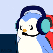 a penguin wearing headphones and a microphone is sitting in front of a laptop with the word pengu on it