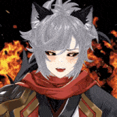 a girl with gray hair and black ears is wearing a scarf around her neck