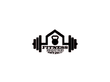 a logo for a fitness house with a dumbbell and a kettlebell on a white background .