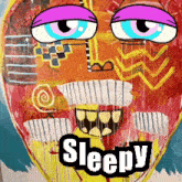 a cartoon drawing of a face with the word sleepy on it