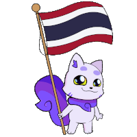 a cartoon cat with a purple tail is holding a thai flag