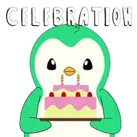 a penguin is holding a birthday cake with candles and the word celebration below it