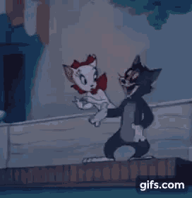 tom and jerry are standing next to each other on a wooden fence .