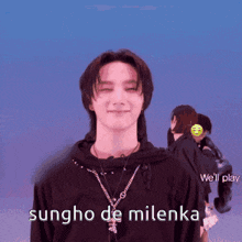 a man with his eyes closed has sungho de milenka written on the bottom of his face