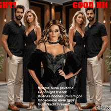 a woman in a black dress stands in front of a group of people and says good night friend