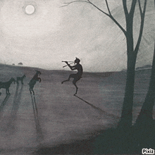 a black and white drawing of a man playing a flute in a field with goats