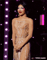 a woman in a very revealing dress is standing in front of a purple background with t4yce tumblr written below her