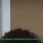 a close up of a person 's head with the words natural beauty elevated with hairfactory brown wigs below it