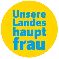 a yellow circle with the words unsere landes haupt frau in blue letters