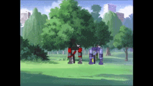 a couple of robots are standing in a park with trees
