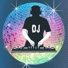 a silhouette of a dj with a disco ball in the background