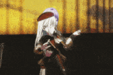 a girl singing into a microphone with a red hat on
