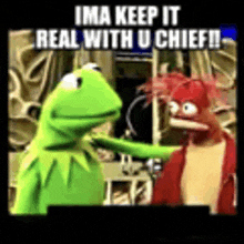 kermit the frog and mr. crabs are talking to each other in a room .