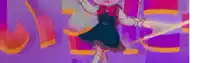 a cartoon girl in a blue dress is dancing on a stage .