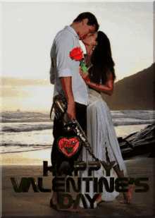 a valentine 's day greeting card with a man and woman kissing on the beach