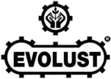 the logo for evolust is black and white and has a gear and hands on it .