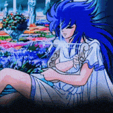 a drawing of a person with blue hair holding a lyre