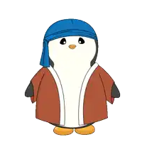 a penguin is wearing a blue headband and a red robe