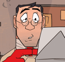 a cartoon of a man with glasses and a red tie looking at a piece of paper